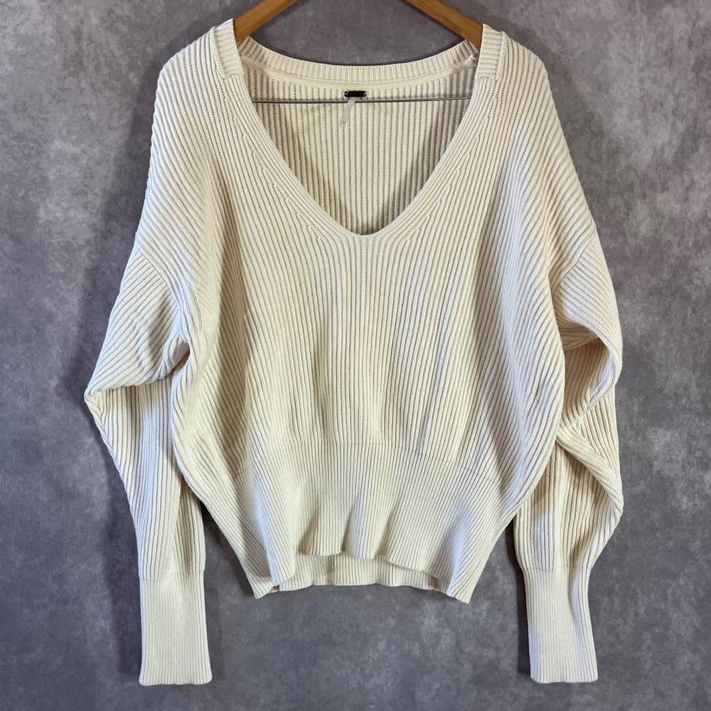 Free People Ottoman Slouchy Tunic Sweater Women Medium Cream V-Neck Ribbed Knit